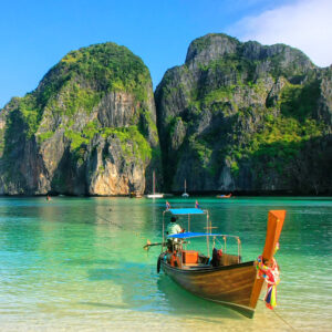 Longtail boats anchored at Maya Bay on Phi Phi Leh Island, Krabi